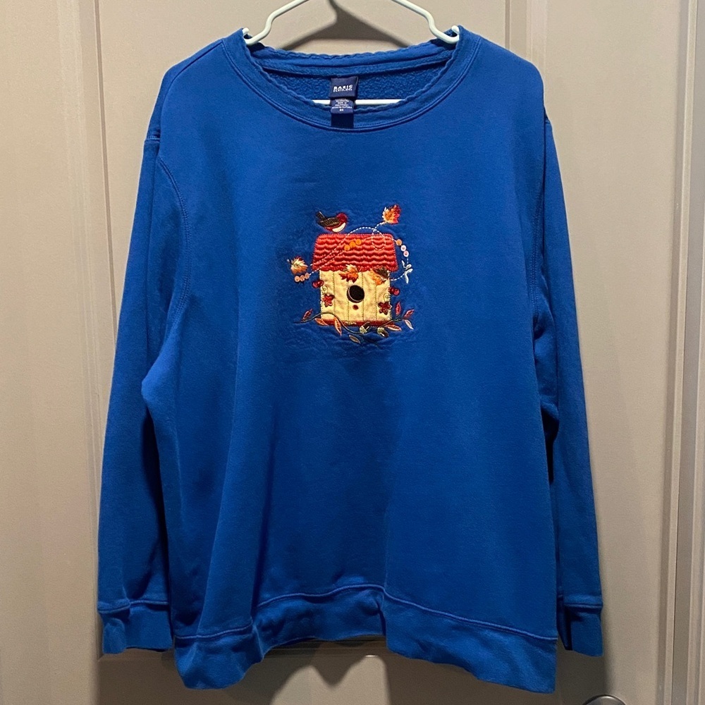 Y2K Blue Sweatshirt Birdhouse Embroidery Oversized Cozy Cottagecore 3x